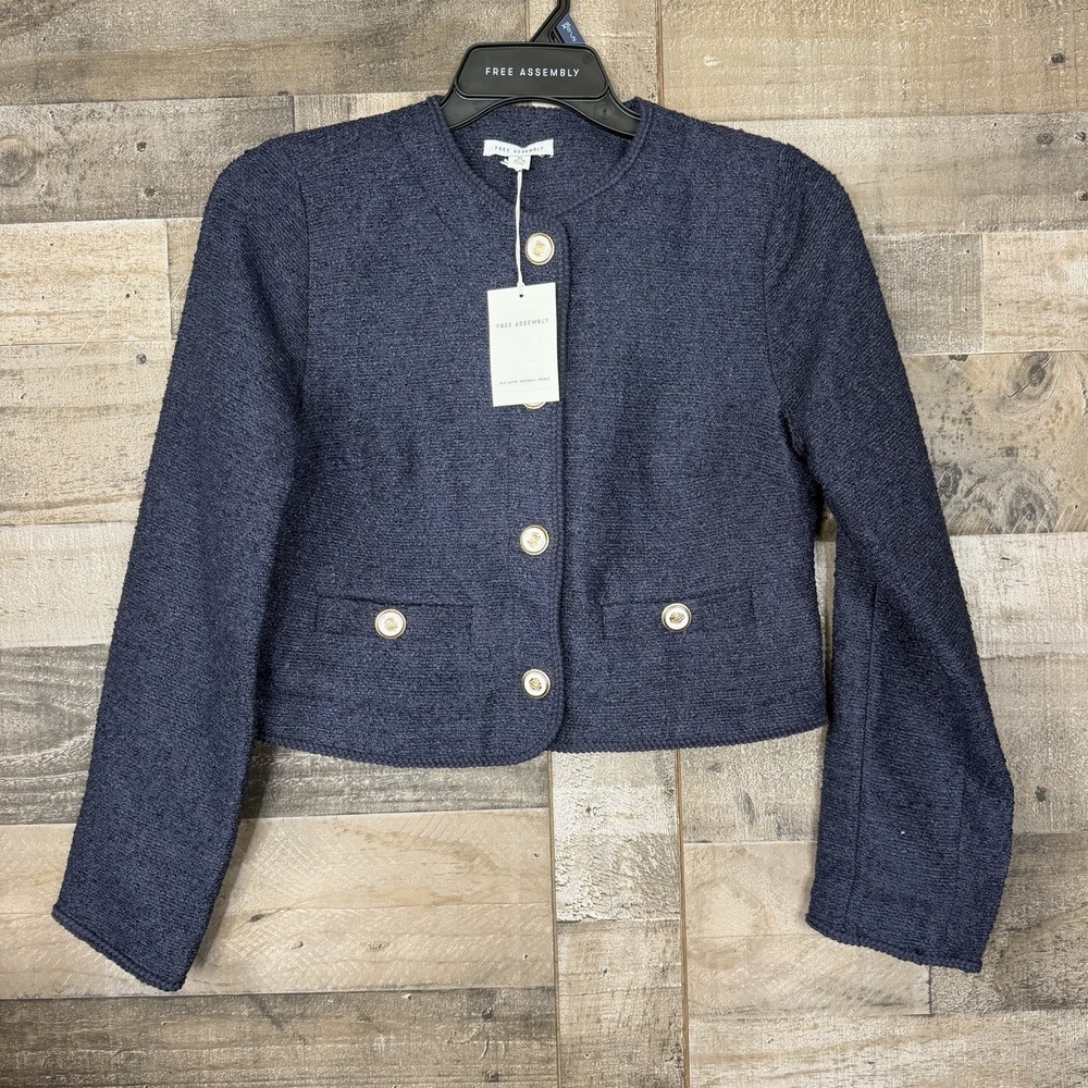 Free Assembly Navy Blue Knit Crop Blazer Jacket Size XS Snap Up Modest Career